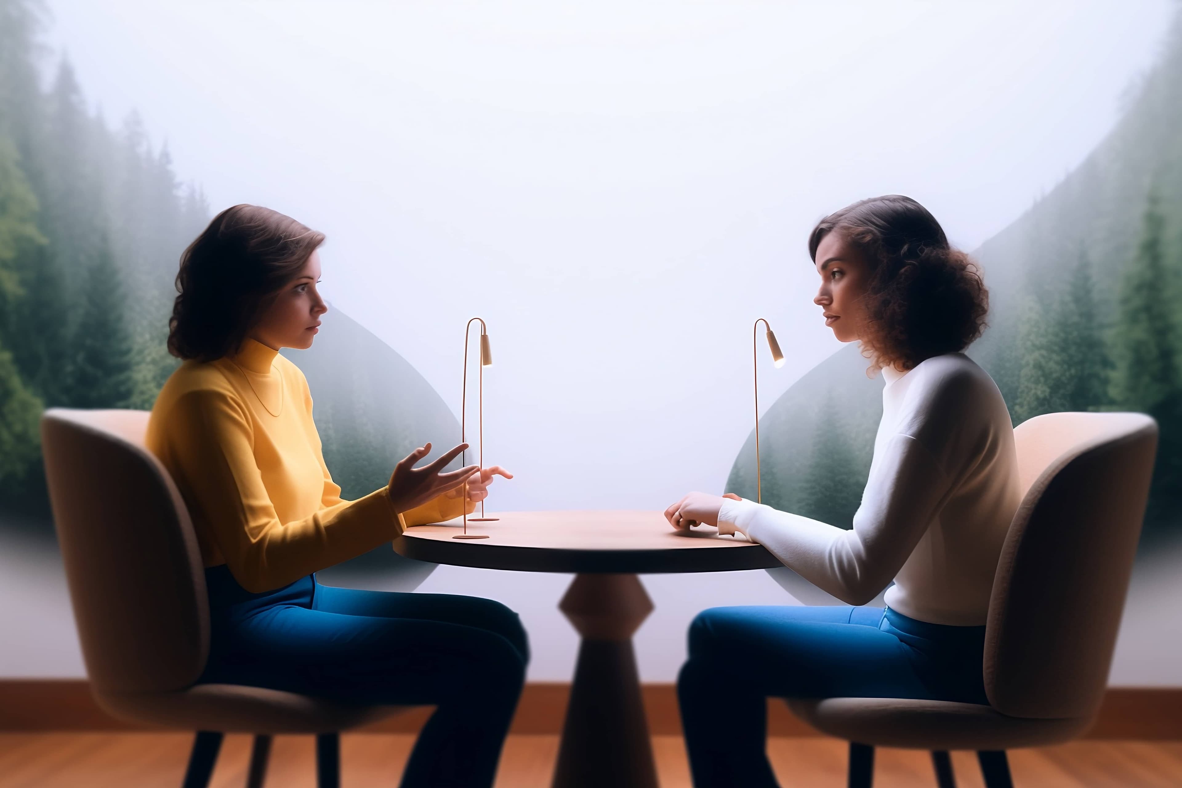 Two people talking across a table